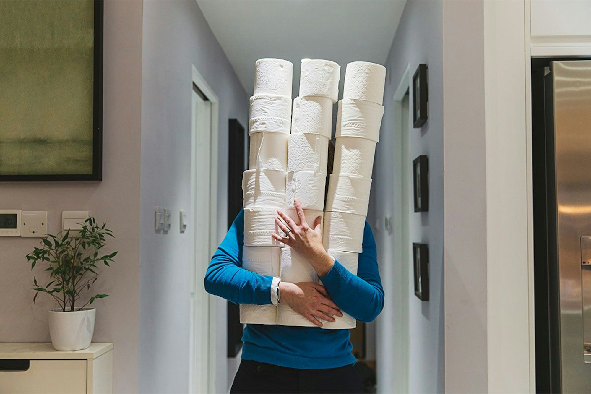 Person trägt viele Toilettenpapierrollen in den Armen und verdeckt ihr Gesicht.