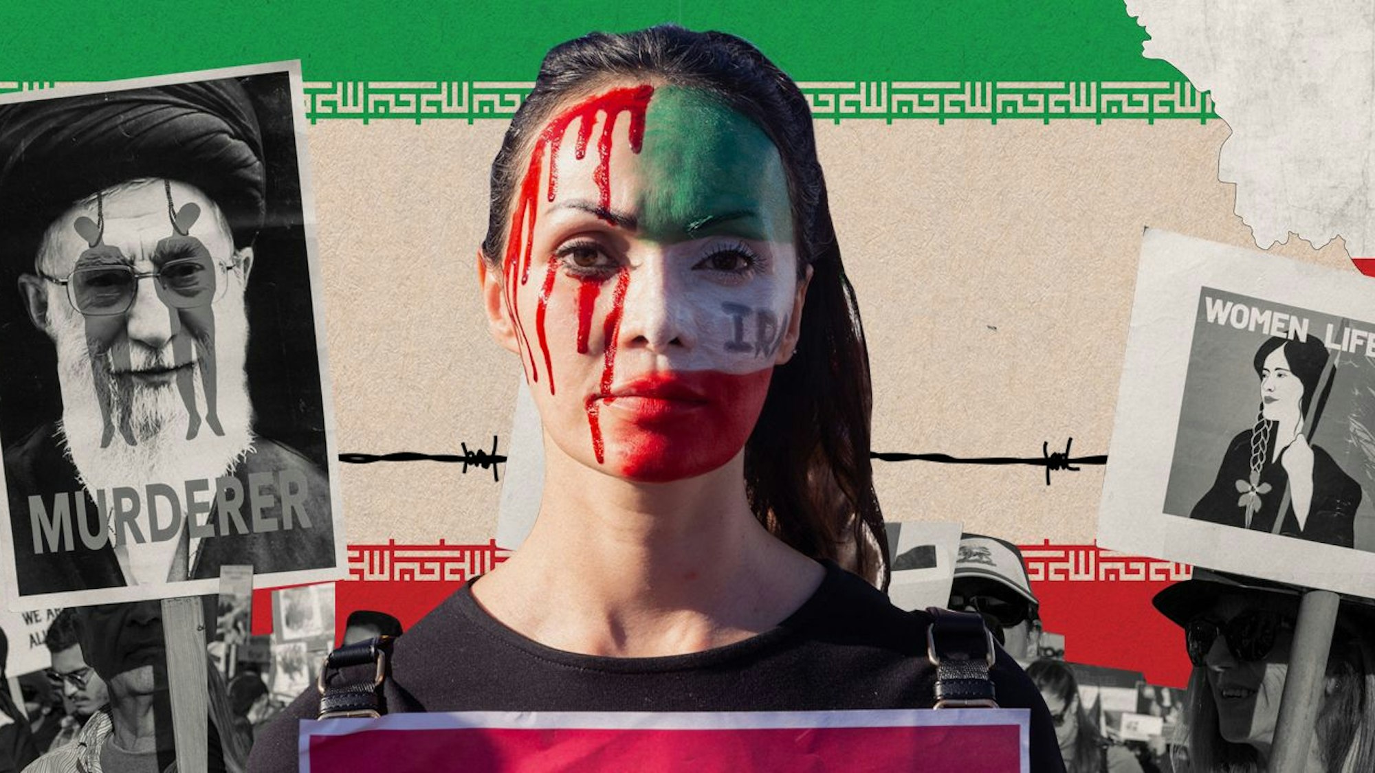 In der Mitte der Montage ist eine Teilnehmerin einer Solidaritätsdemonstration mit einer iranischen Flagge und rotem Blut geschminkt. Im Hintergrund ist die iranische Flagge. Neben der Frau sind Schilder. Eins mit einer Illustration von Mahsa Amini und der Aufschrift „Women Life Freedom“. Das andere Schild zeigtAli Chamenei, über den zwei erhängte Menschen illustriert sind und die Aufschrift „Murderer“ steht.