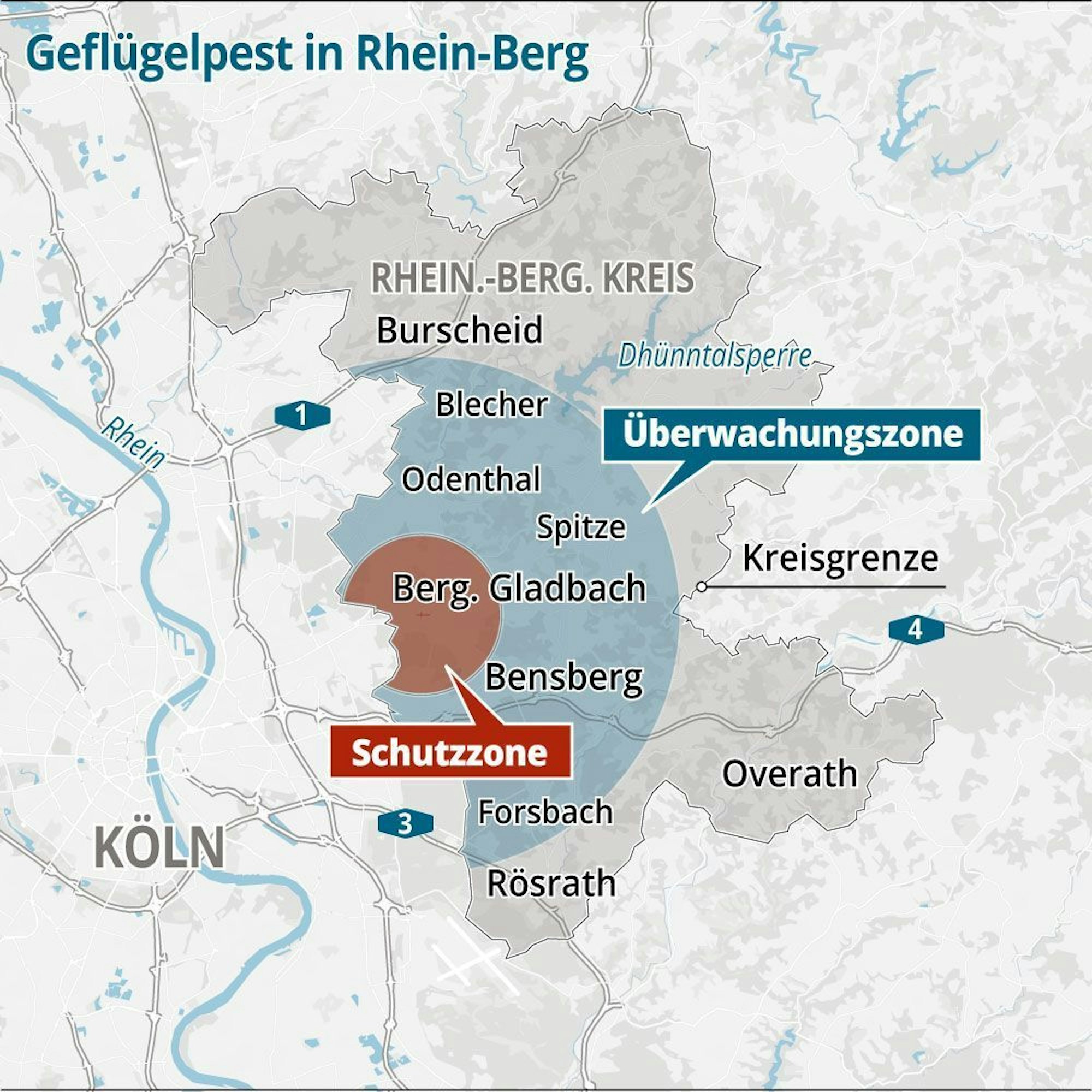 Schutz- und Überwachungszone zum Geflügelpestfall in Bergisch Gladbach.