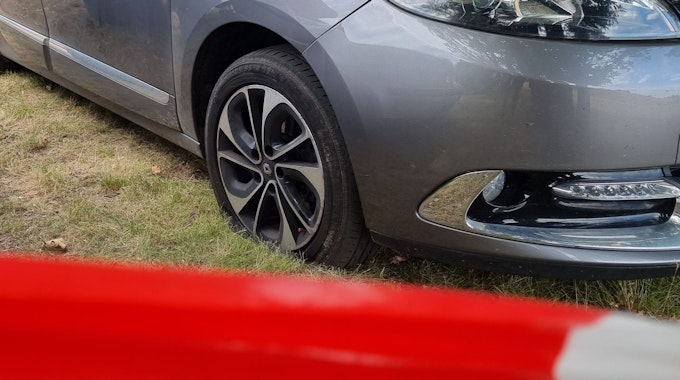 Autos mit zerstochenen Reifen stehen auf einer Rasenfläche.