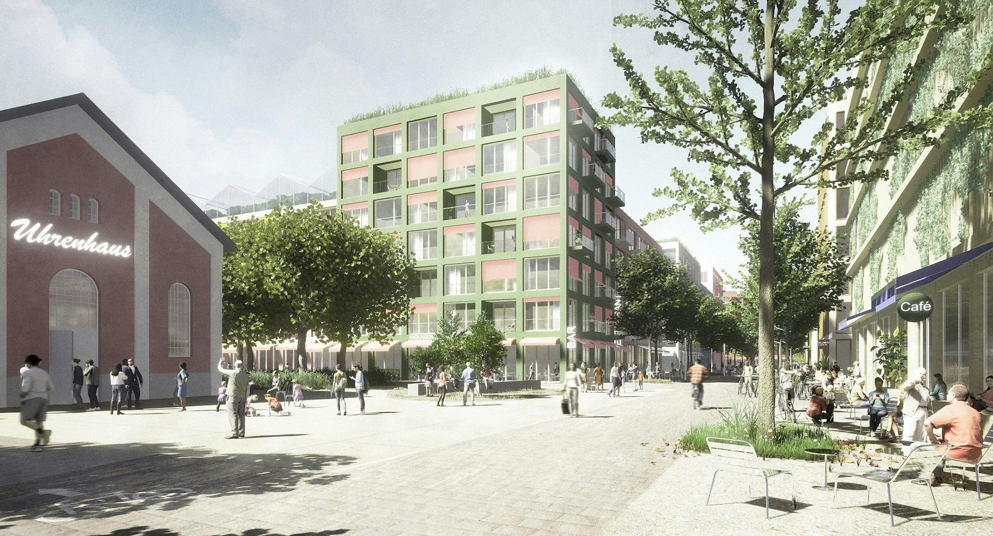 Die Visualisierung zeigt Wohnbauten, mit autofreien Straßen, an denen Bäume und Bänke stehen.