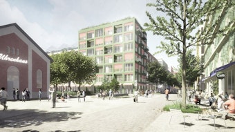 Die Visualisierung zeigt Gebäude im zukünftigen Wohnviertel auf dem Max-Becker-Areal.
