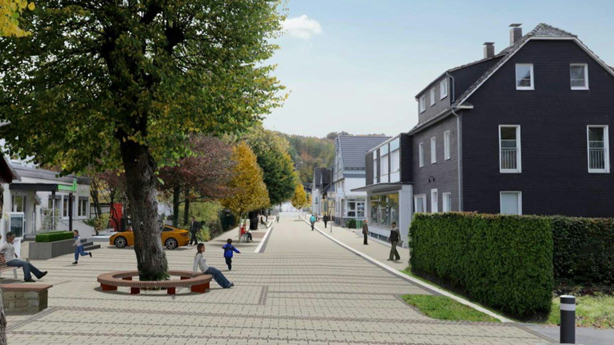 Eine Visualisierung zeigt eine gepflasterte Mühlenstraße mit Sitzbänken um einen Baum.