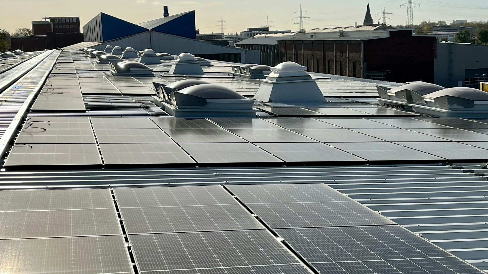 Die Photovoltaik-Anlage auf einer Halle des Kranbauers Depa im Manforter Innovationspark