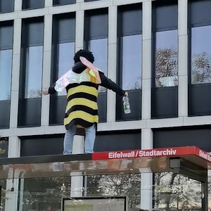 Vandalismus beim Kölner Karneval am 11. November 2022: Hier springt ein als Biene Maja verkleidete Person auf einem KVB-Haltestellenhäuschen herum.