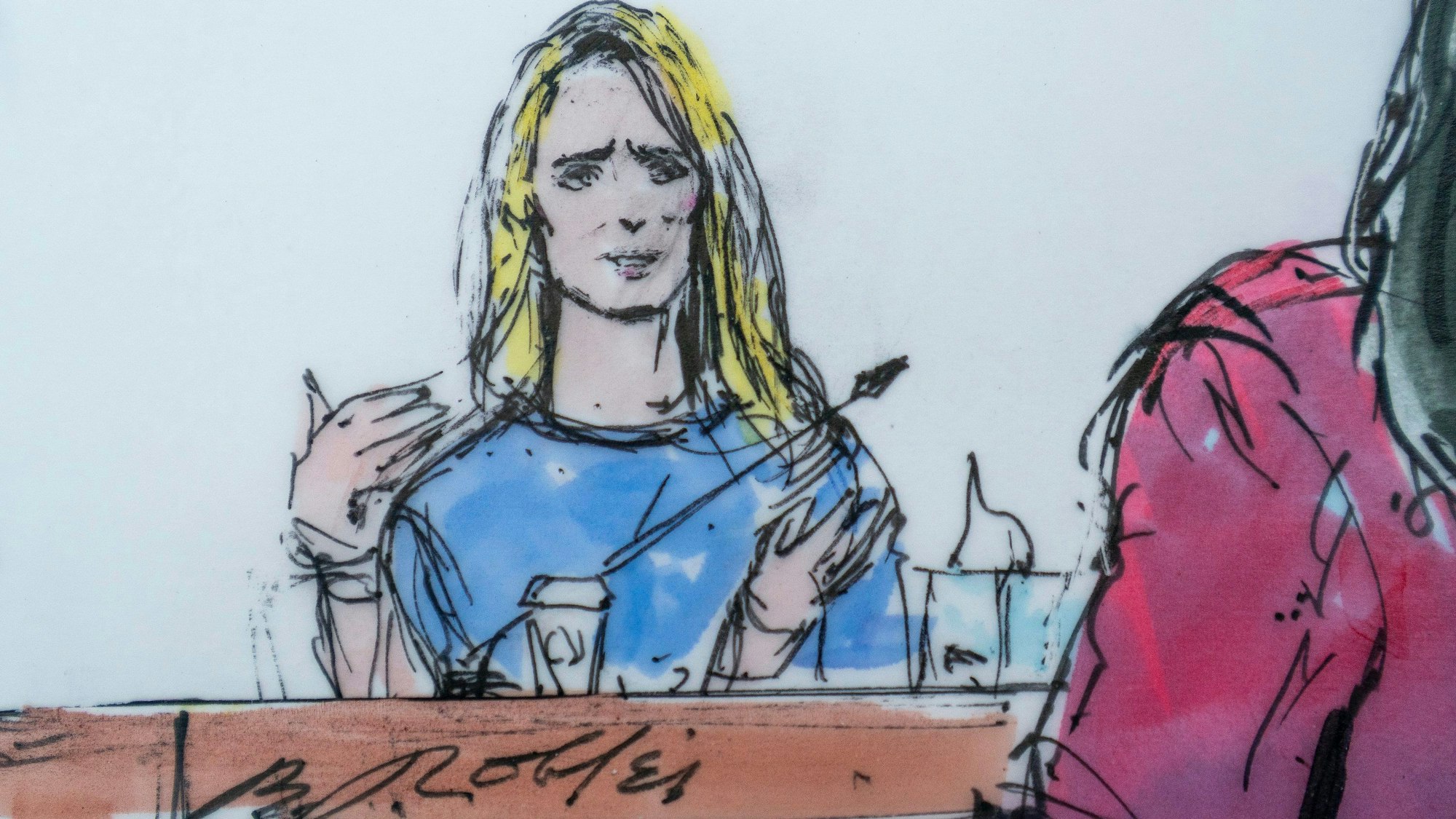 Diese Gerichtszeichnung zeigt Jennifer Siebel Newsom, Dokumentarfilmerin und Ehefrau des kalifornischen Gouverneurs Gavin Newsom, im Zeugenstand beim Prozess gegen Harvey Weinstein.