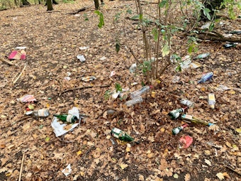 Müll liegt auf dem Waldboden am Aachener Weiher.