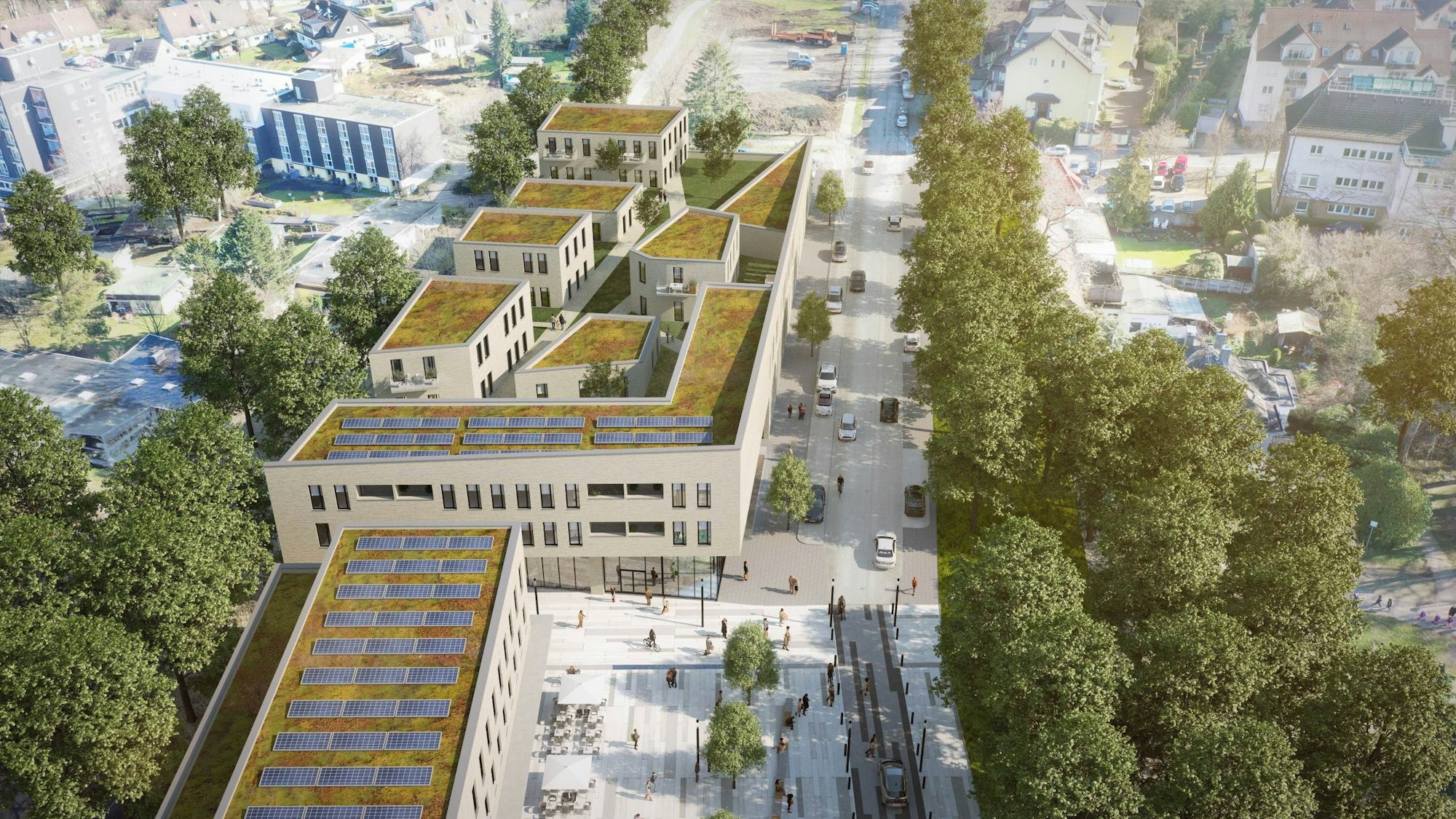 Eine Skizze von Walenta Architekten zeigt den geplanten Geschäfts- und Wohnkomplexan der Montanusstraße in Burscheid
