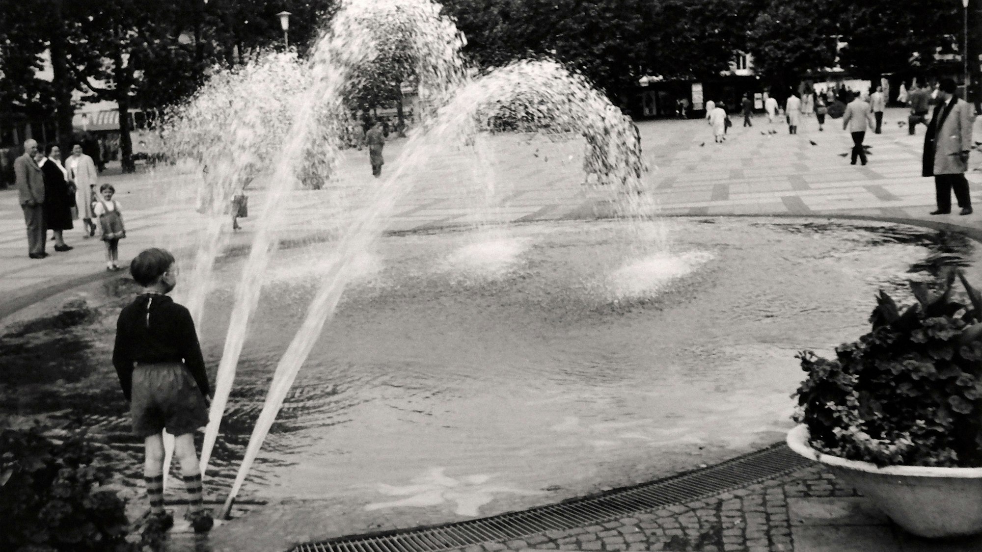 Schwarz-Weiß-Aufnahme des Brunnens am Neumarkt in den 60er Jahren.