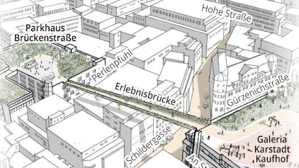 Eine Visualisierung zeigt einen Entwurf von Studierenden der TH Köln für einen Dachgarten an der Schildergasse.
