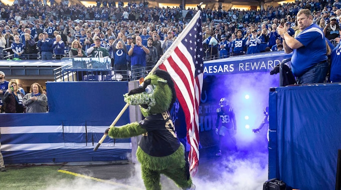 NFL-Maskottchen Blue läuft mit einer USA-Flagge auf den Rasen.