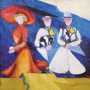 Drei Frauen mit Hüten, aber ohne Gesichter gehen auf Alexandra Exters Gemälde Drei weibliche Figuren spazieren