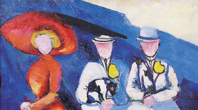 Drei Frauen mit Hüten, aber ohne Gesichter gehen auf Alexandra Exters Gemälde Drei weibliche Figuren spazieren