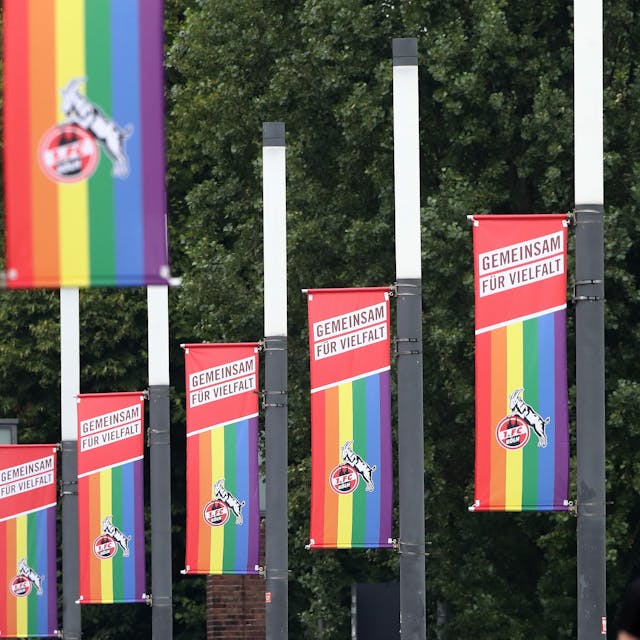 Beflaggung auf dem Oskar-Rehfeldt-Weg (Stadion Vorwiesen): Regenbogenfahne mit Geißbock drauf. Bild: Herbert Bucco








