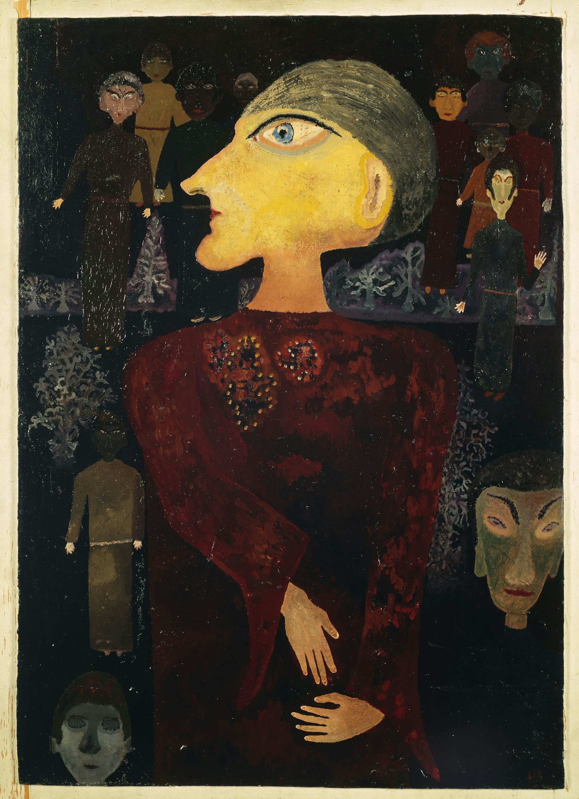 Auf dem surrealistischen Gemälde von Ursula Schultze-Bluhm ist eine Frau im Profil mit übergroßem Auge zu sehen.