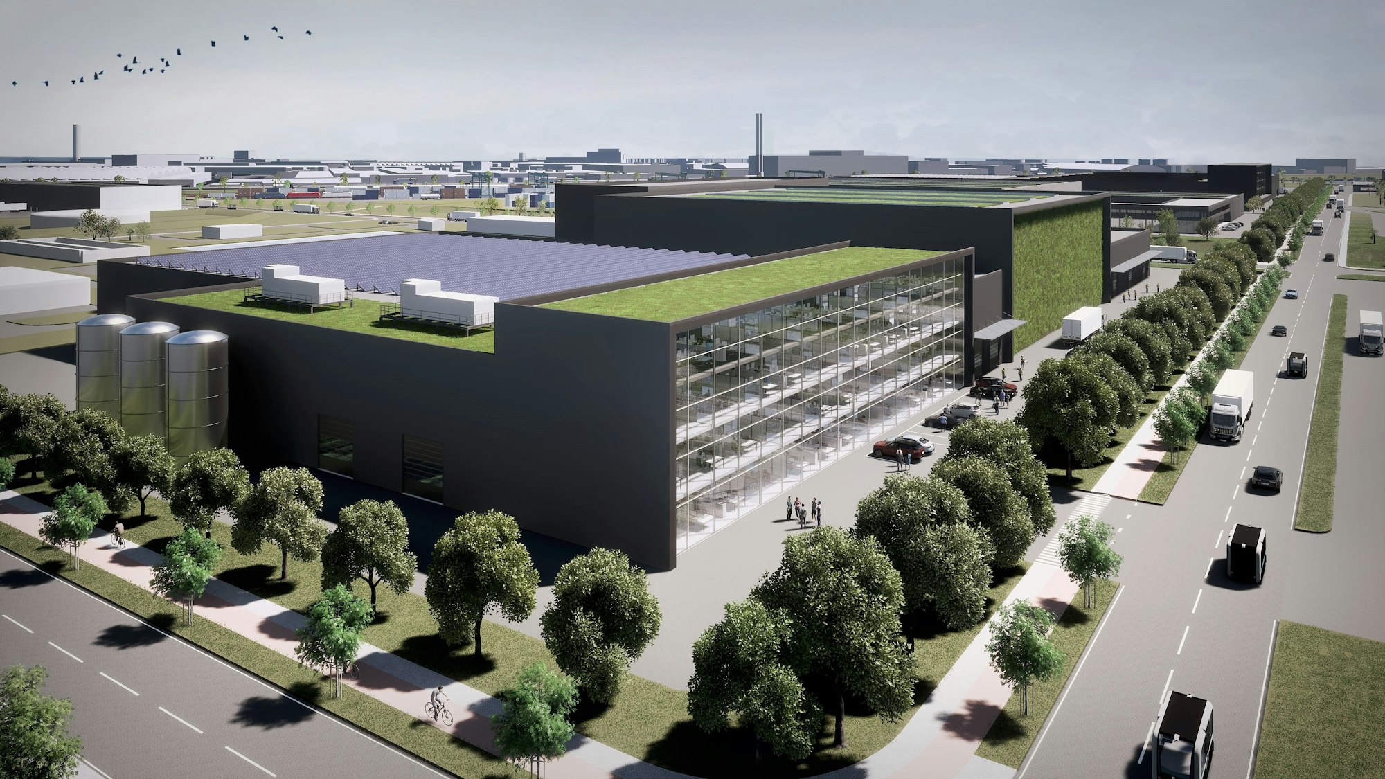 Animation eines Fabrikgebäudes, wie es in Köln-Niehl geplant ist.