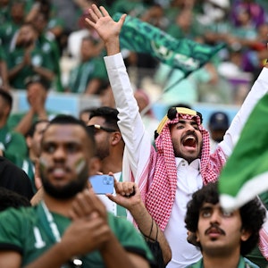 Fans von Saudi-Arabien jubeln auf der Tribüne beim WM-Spiel gegen Argentinien.