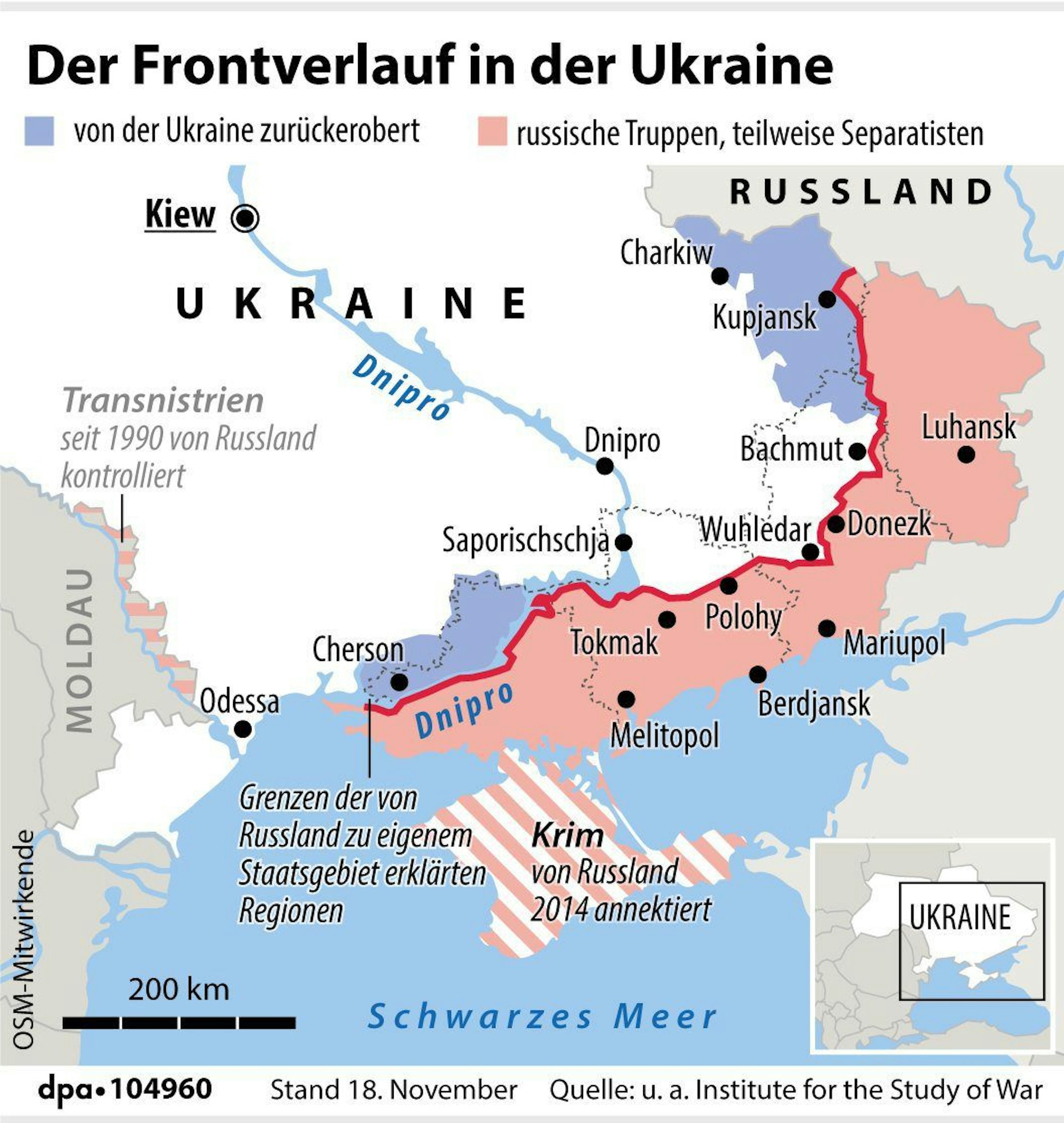 Grafik-Karte "Der Frontverlauf in der Ukraine".