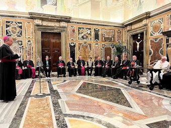 Georg Bätzing (links), Vorsitzender der Deutschen Bischofskonferenz (DBK), spricht spricht beim Rom-Besuch der deutschen Bischöfe im November 2021 zu Papst Franziskus (rechts).