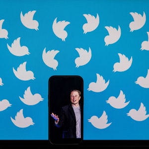 Elon Musk ist auf einer Fotomontage umgeben vom Twitter-Logo.