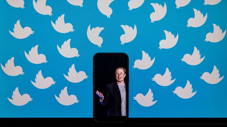 Elon Musk ist auf einer Fotomontage umgeben vom Twitter-Logo.