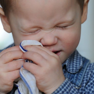 Ein Kleinkind niest in ein Stofftaschentuch (Symbolbild)