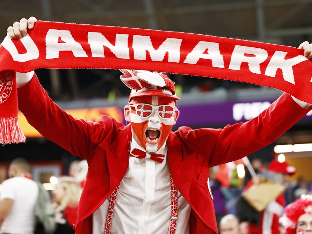 Ein Anhänger der dänischen Nationalmannschaft hält einen Dänemark-Schal in die Luft und jubelt.