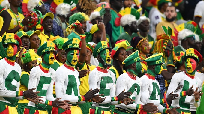 Mit Körperbemalung in den Landesfarben und Pilot-Mützen waren senegalesische Fans auf der Tribüne beim Spiel gegen Katar.