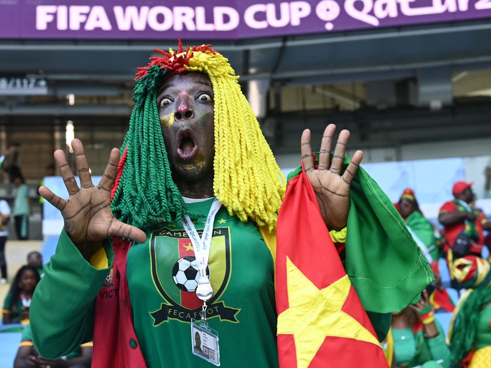Ein Kamerun-Fan macht auf der Tribüne im Stadion eine aufgeschreckte Geste.
