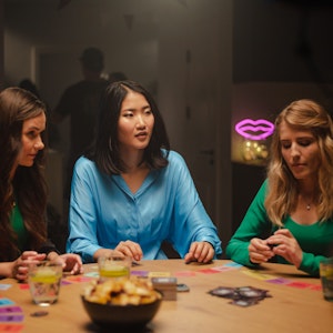 drei Frauen sitzen an einem runden Holztisch, vor ihnen liegen Spielkarten