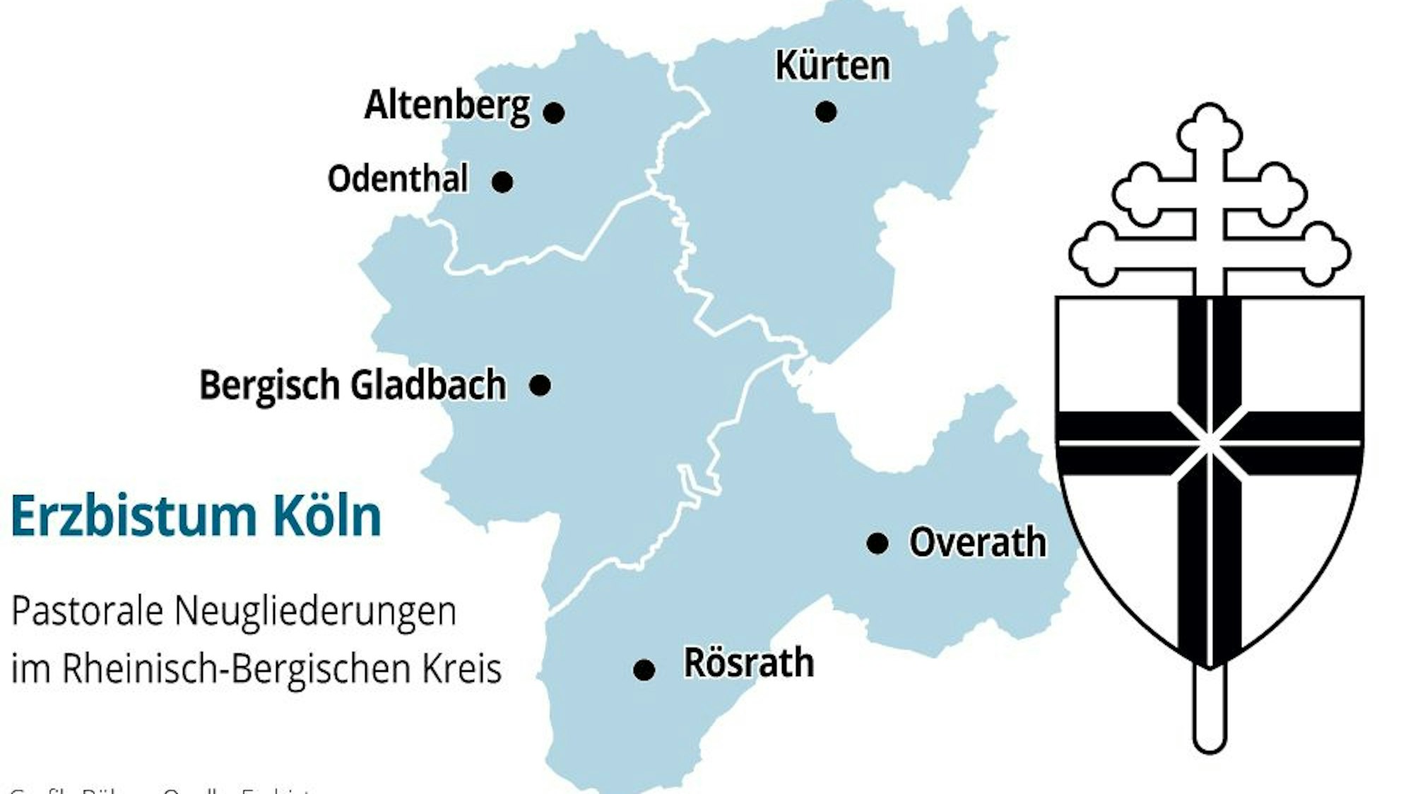 Eine Karte des Rheinisch-Bergischen Kreises zeigt einen Ausschnitt der pastoralen Neugliederung für Rhein-Berg.