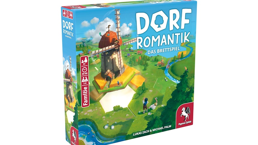 Verpackung des Spiels „Dorfromantik“, abgebildet ist eine Windmühle auf grüner Wiese