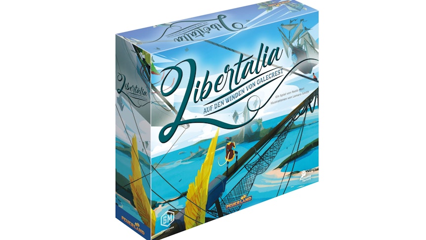 Verpackung des Spiels „Libertalia", abgebildet ist ein Teil eines Piratenschiffs auf dem Wasser