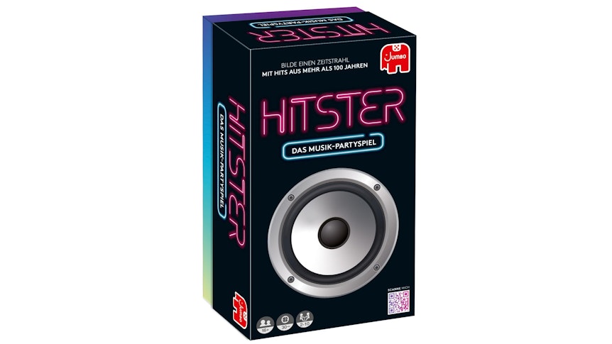 schwarze Spielverpackung von „Hitster“, die aussieht wie ein Lautsprecher