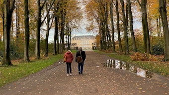 Zwei Spaziergänger laufen durch die Allee von Bäumen in Brühl.