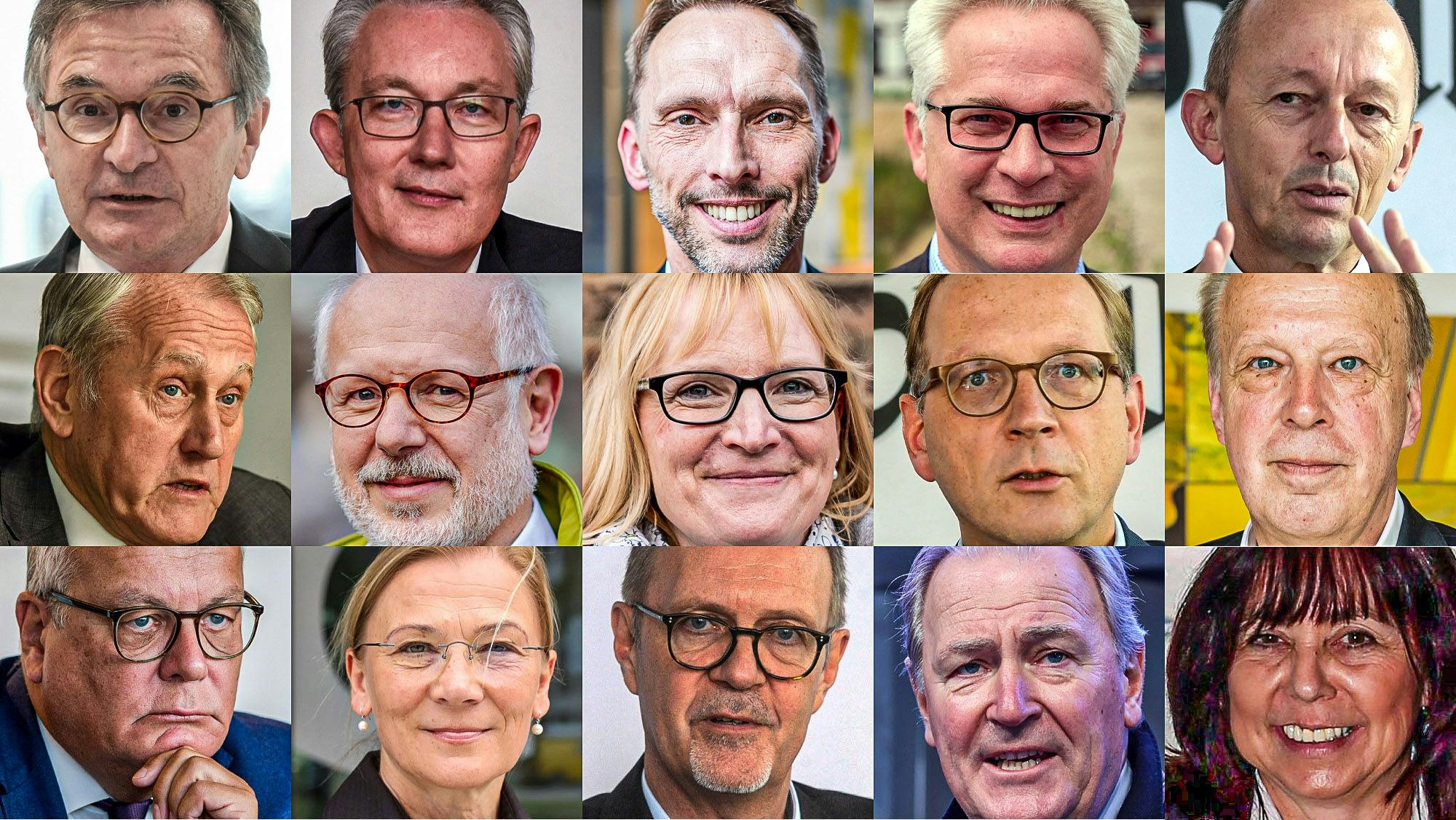 Fünfzehn verschiedene Portraits der gemessen am Geld bestbezahlten Vorstandsvorsitzenden der städtischen Unternehmen in Köln.