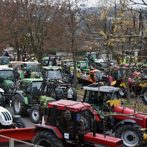 Zahlreiche Traktoren haben sich zum Konvoi an der Walbröler Vennstraße aufgestellt.