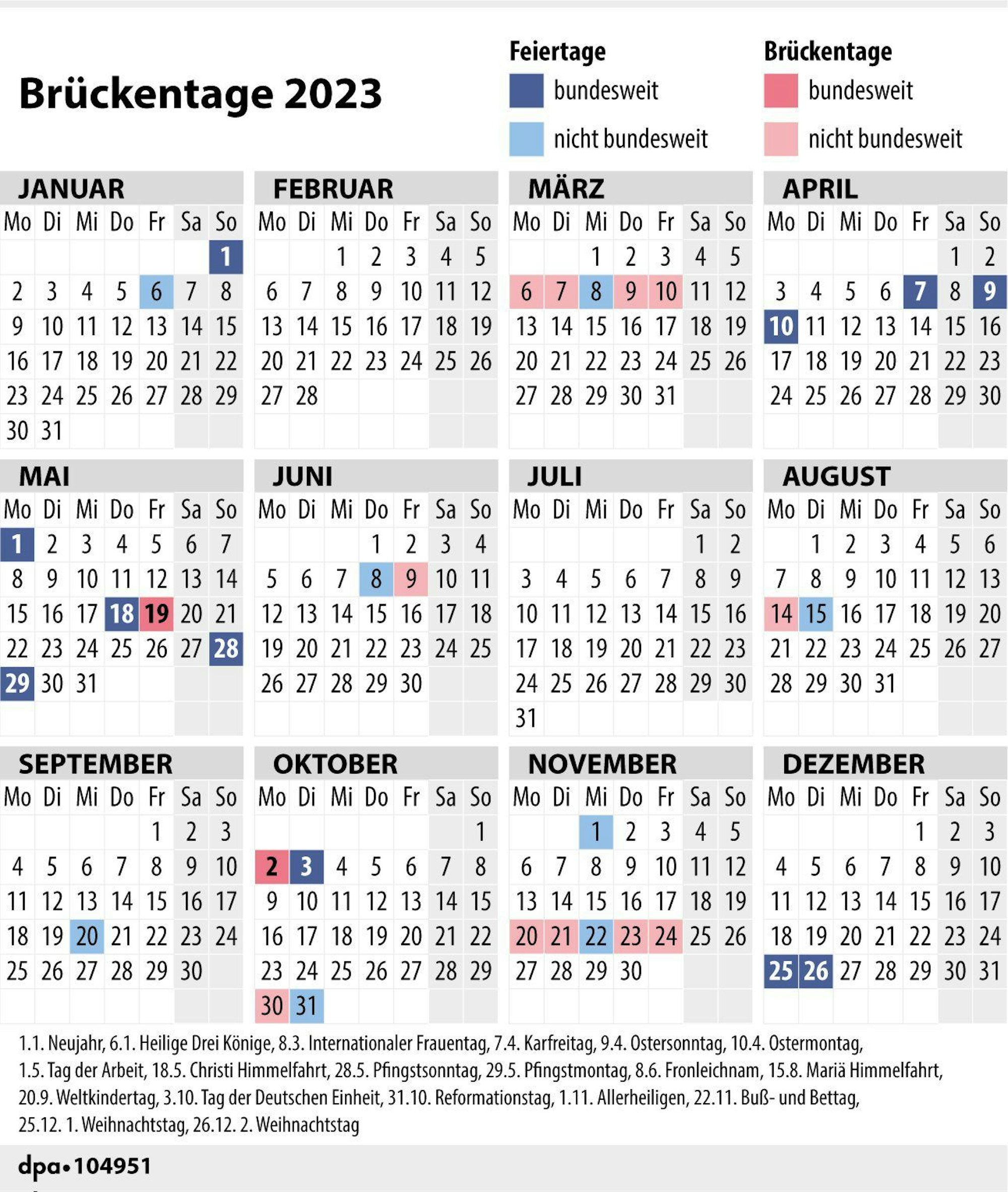 Ein Kalender zeigt alle Feiertage und Brückentage in Deutschland.