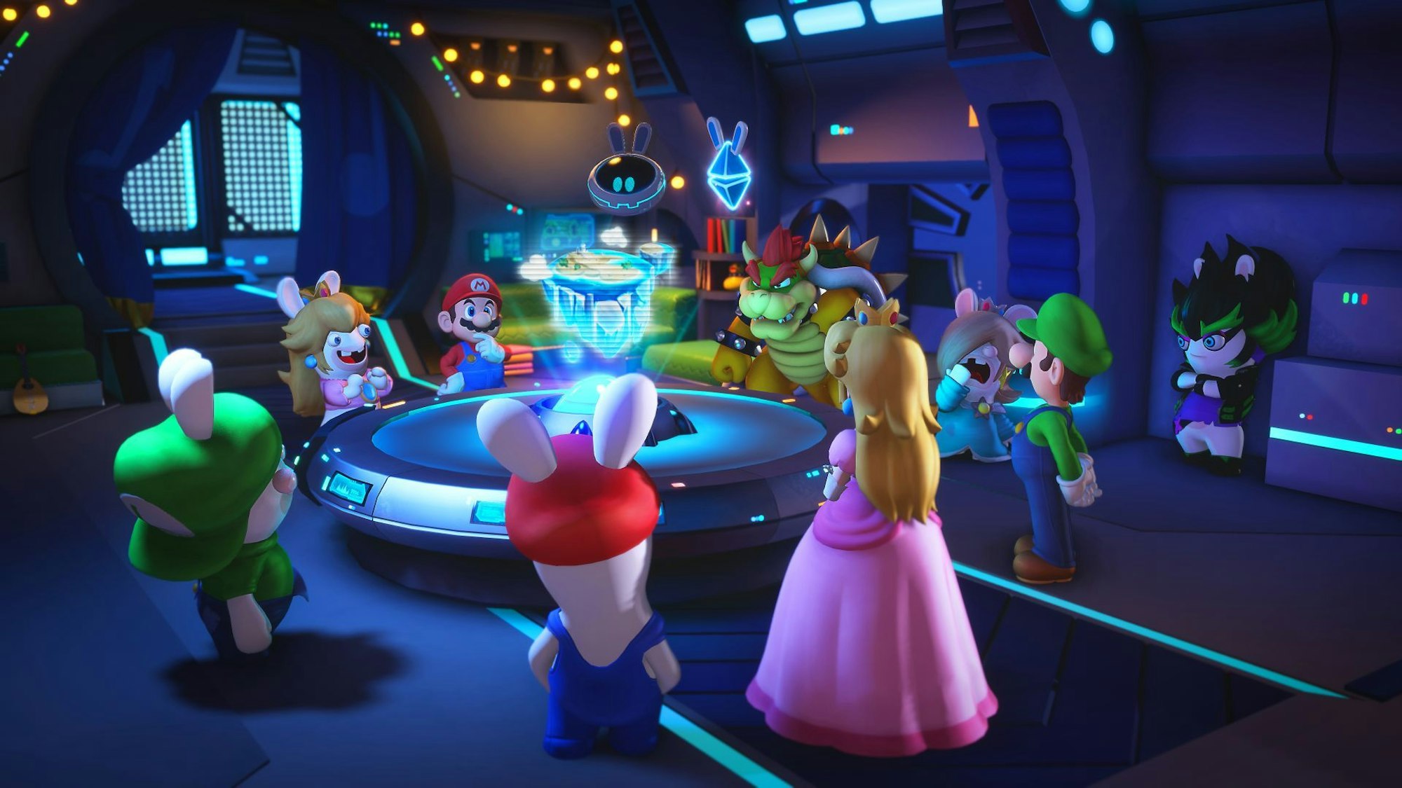 Charaktere von „Super Mario“ und „Rabbids“ stehen gemeinsam in einem Kreis.