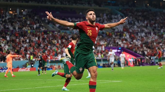 Goncalo Ramos jubelt nach seinem dritten Tor im WM-Achtelfinale gegen Portugal am 6. Dezember 2022.