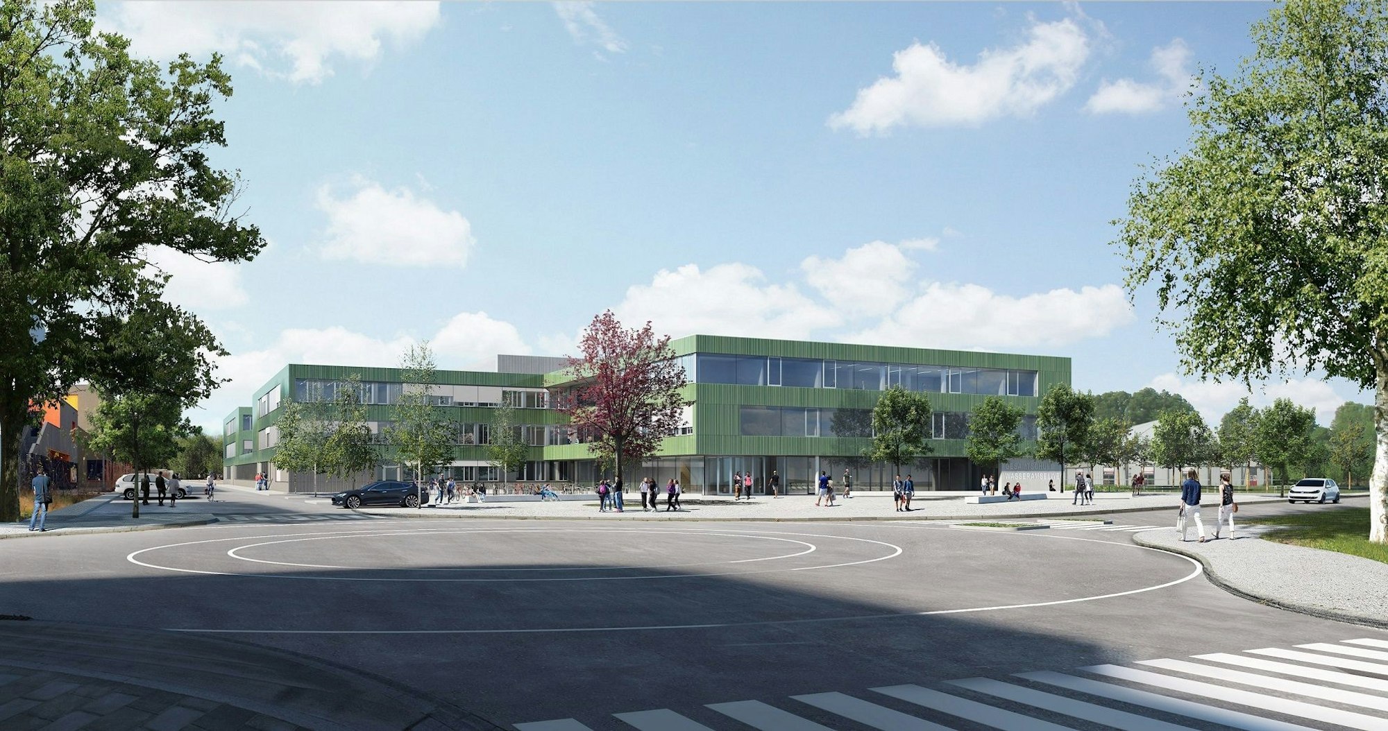 Eine Visualisierung zeigt die künftige Gestaltung des Neubaus der Schule.