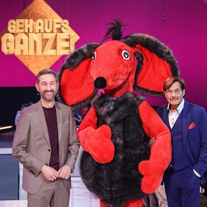 Daniel Boschmann (l-r), Zonk, eine menschengroße rote Maus, und Jörg Draeger in der 1. Staffel der Neuauflage der Kultshow «Geh aufs Ganze!», die auf Sat.1 ausgestrahlt wurde. Sie stehen vor einem goldenen Schild auf dem „Geh aufs Ganze!“ steht und lächeln in die Kamera.
