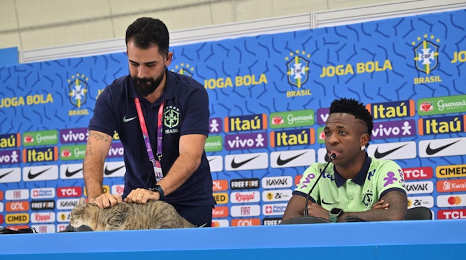 Vinicius Rodrigues, der Sprecher der brasilianischen Fußball-Nationalmannschaft greift eine Katze am Fell.