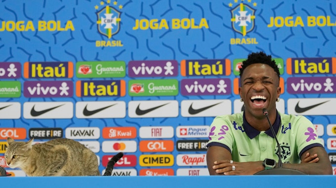 Brasilien-Nationalspieler Vinicius Junior lacht über Katze auf dem Tisch.