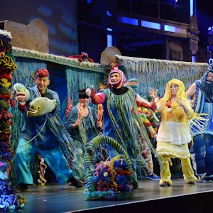Fantastisches Bühnenbild: Schauspieler verkleidet als Lorelei, Vater Rhein, Fische und Pflanzen tummeln sich auf der Bühne, Kulissen und Kostüme zur Unterwasserwelt des Rhein sind komplett handgestrickt bei der Premiere der Stunksitzung 2023 im E-Werk.