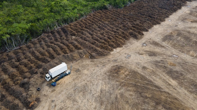 Ein Lastwagen steht in einem abgeholzten Gebiet des Amazonas.