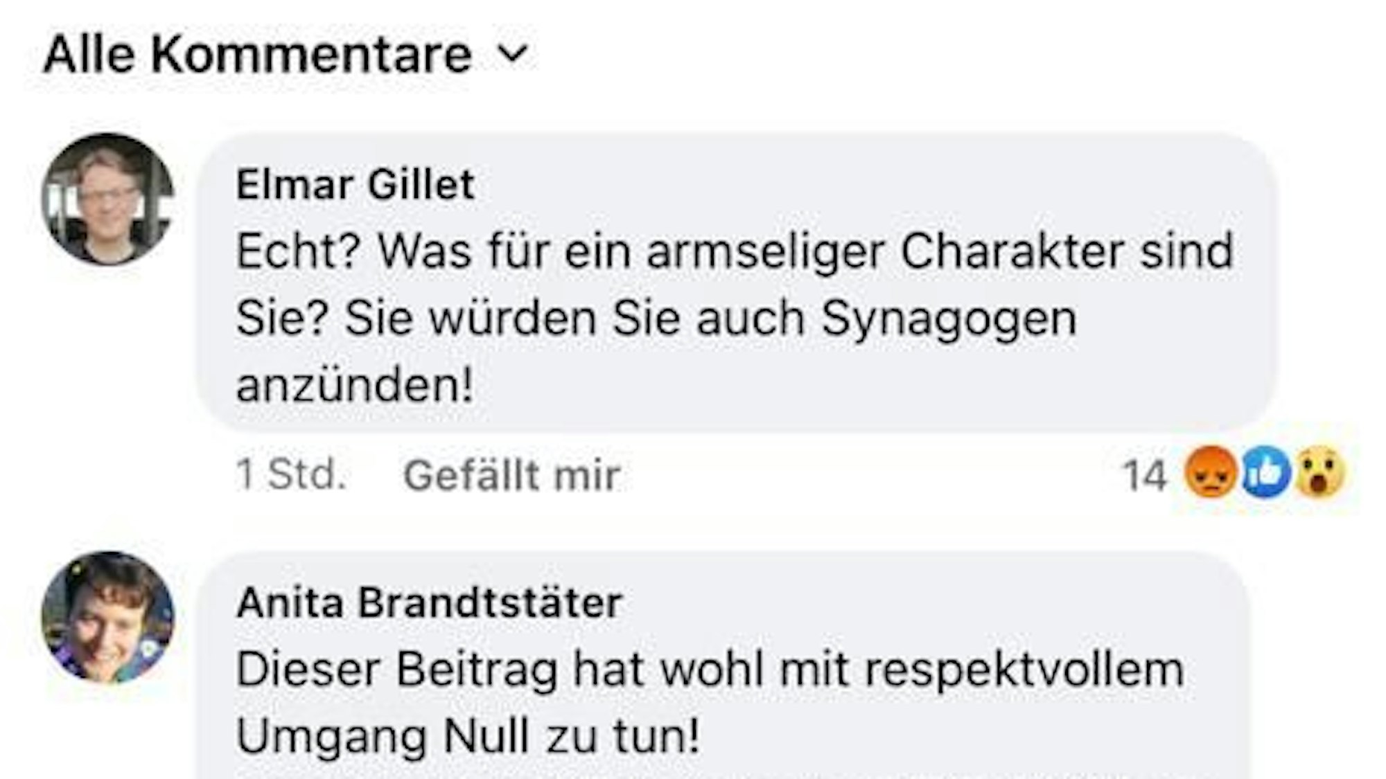 Elmar Gillet antwortete seinem Kritiker auf Facebook: „Echt? Was für ein armseliger Charakter sind Sie? Sie würden Sie auch Synagogen anzünden!“ Wobei mit dem zweiten „Sie“ vermutlich „sicher“ gemeint war.