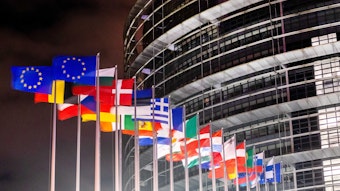 Die Flaggen der europäischen Mitgliedsstaaten wehen vor dem Gebäude des Europäischen Parlaments in Straßburg.