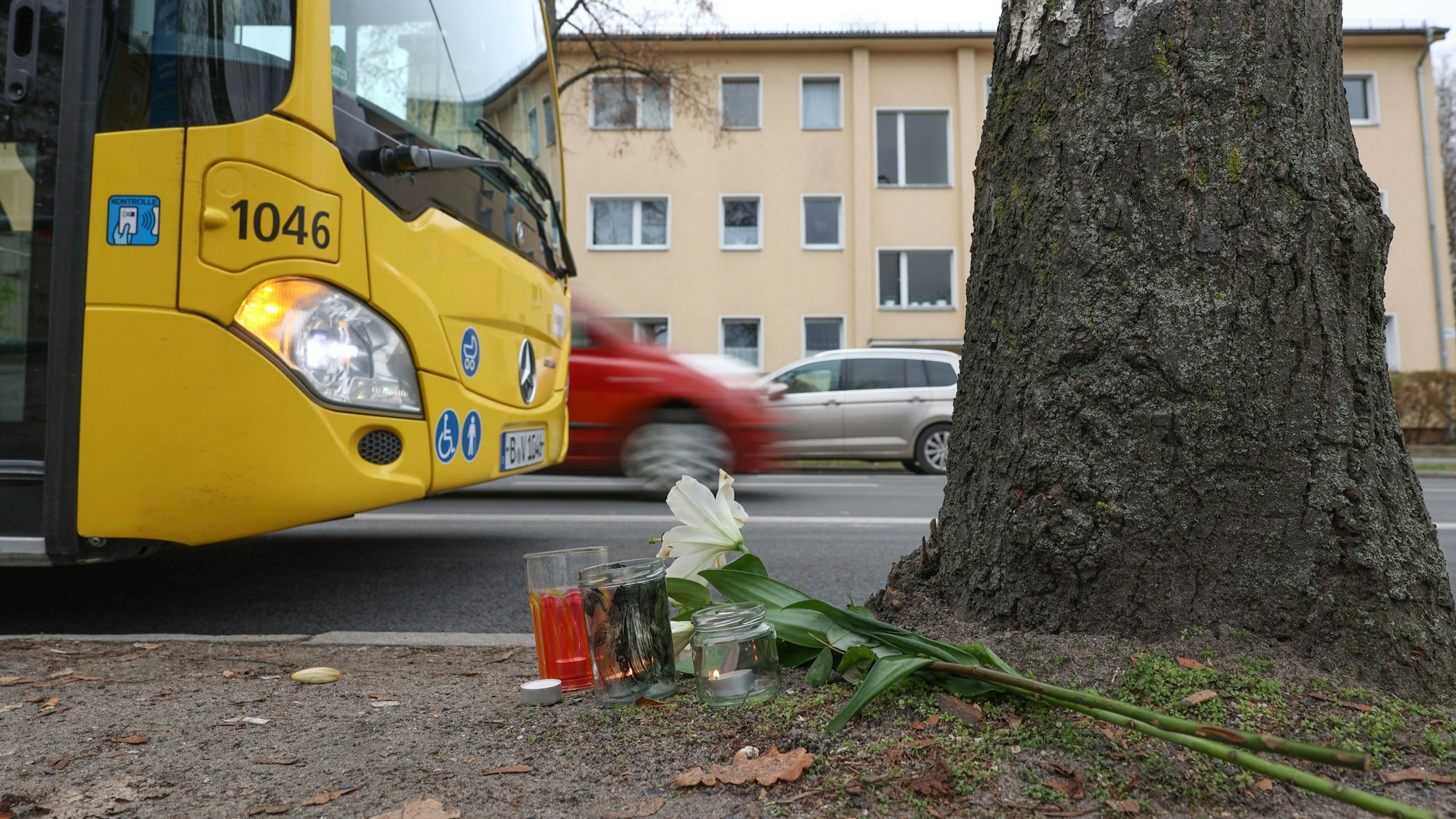 Blumen liegen an einer Bushaltestelle an der Leonorenstraße im Berliner Stadtteil Lankwitz. Nach einem schweren Unfall mit einem Doppeldecker-Bus der BVG ist am Samstagabend (10. Dezember 2022) eine 15 Jahre alte Jugendliche gestorben, eine weitere wurde schwer verletzt.