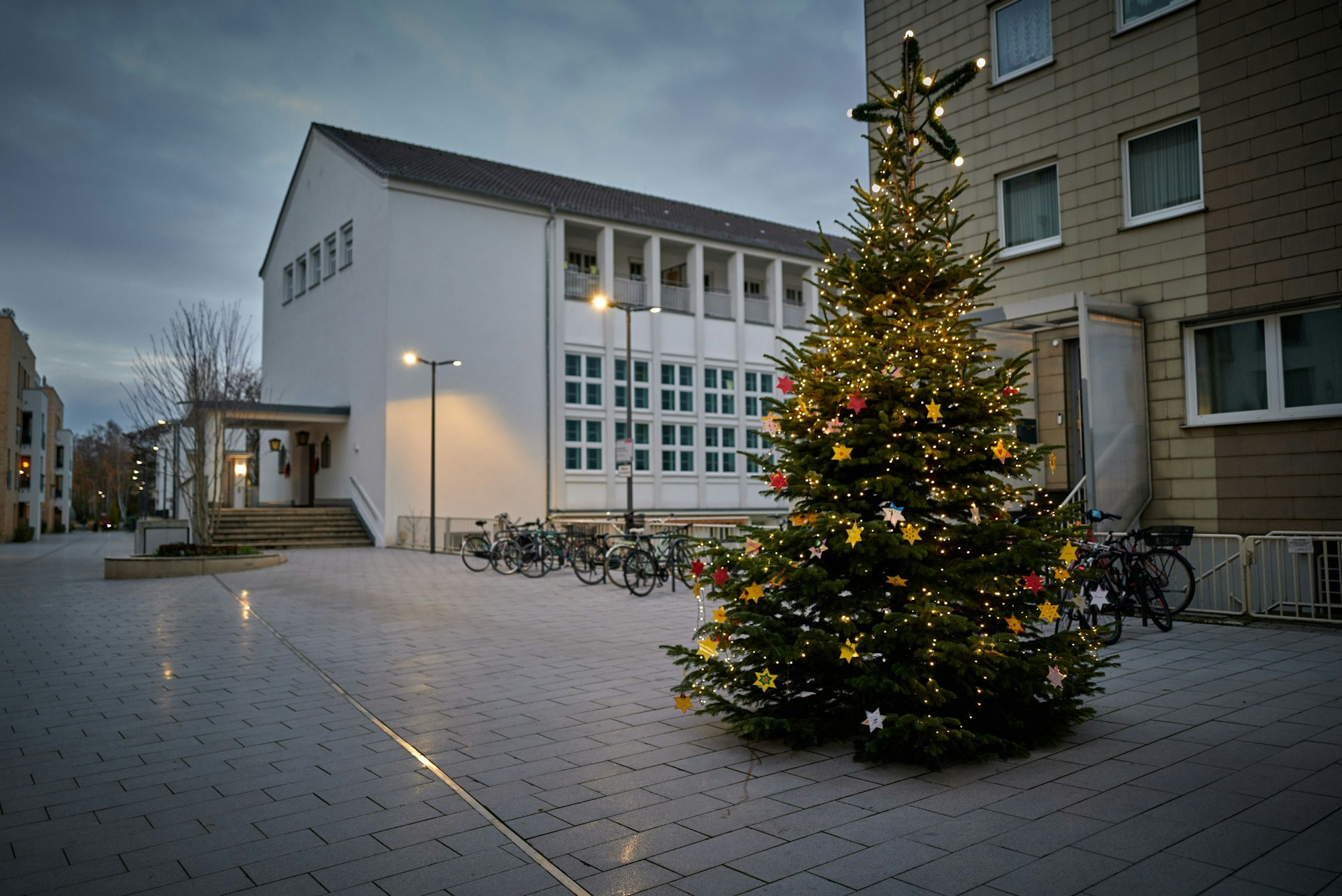 Eine große Form aus Tannengirlande in der Form eines Sternes bildet den Abschluss des Weihnachtsbaums. Er steht auf einem leeren Platz in der Dämmerung. Geschmückt ist der Baum mit bunten Sternen.